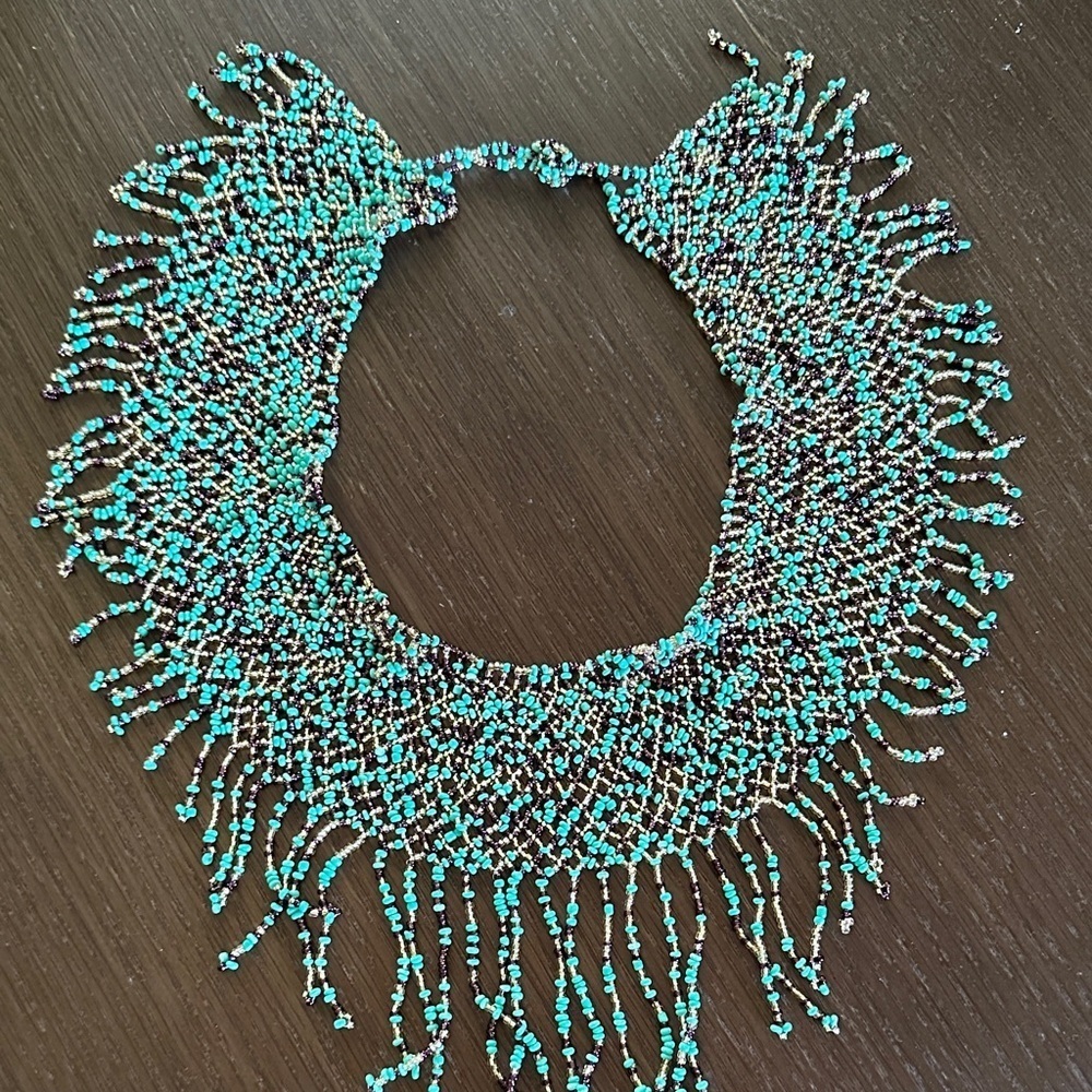 Authentic Mexican Hand-Beaded Statement Necklace in Turquoise and Silver
